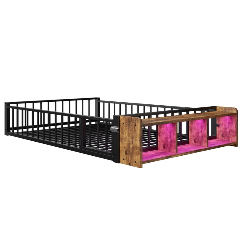 Letto per bambini 140x200 cm in metallo nero con sponde di sicurezza; vano portaoggetti e luci LED