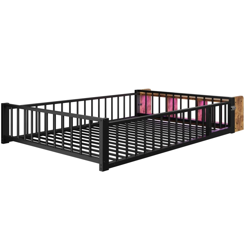 Letto per bambini 140x200 cm in metallo nero con sponde di sicurezza; vano portaoggetti e luci LED