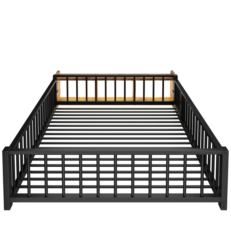 Letto per bambini 140x200 cm in metallo nero con sponde di sicurezza; vano portaoggetti e luci LED