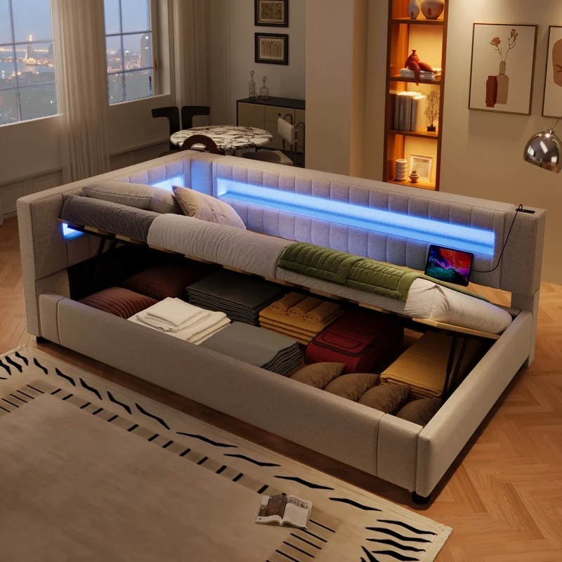Letto singolo 90x200 cm in lino beige con contenitore idraulico; luci LED e prese USB-C