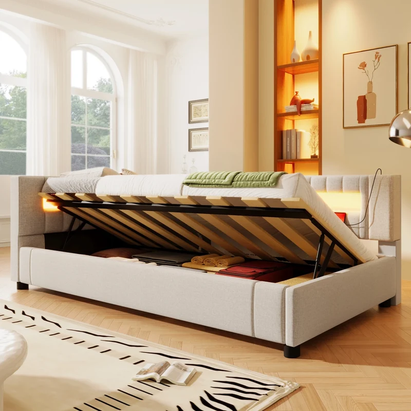 Letto singolo 90x200 cm in lino beige con contenitore idraulico; luci LED e prese USB-C