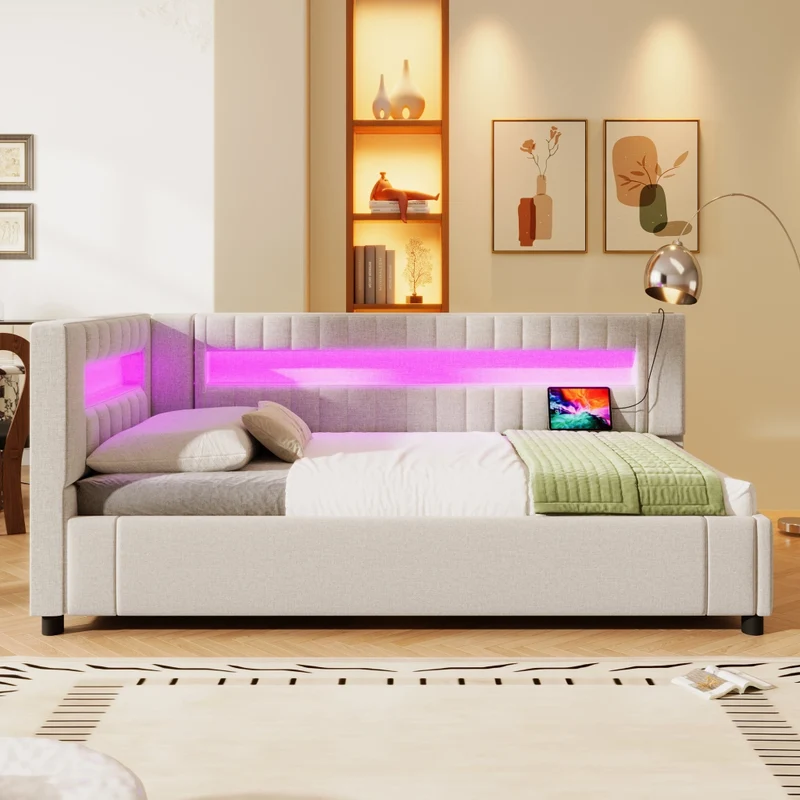Letto singolo 90x200 cm in lino beige con contenitore idraulico; luci LED e prese USB-C