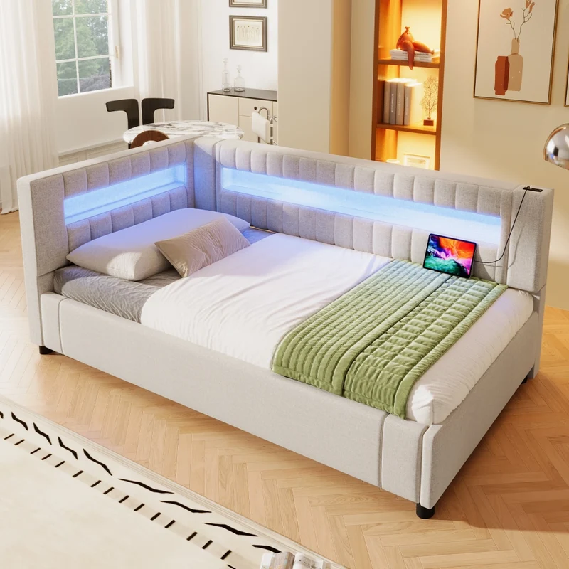 Letto singolo 90x200 cm in lino beige con contenitore idraulico; luci LED e prese USB-C