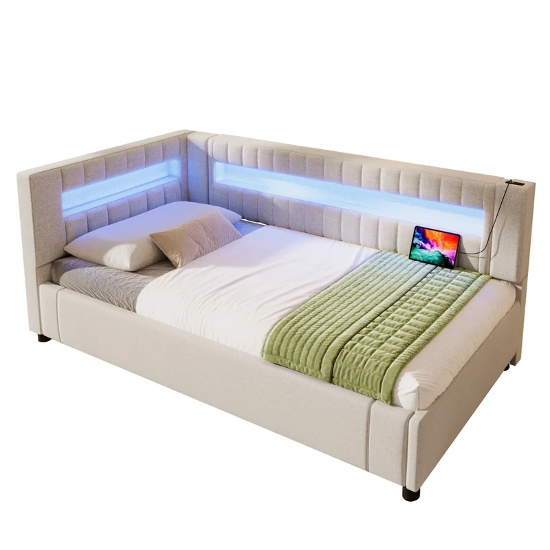Letto singolo 90x200 cm in lino beige con contenitore idraulico; luci LED e prese USB-C