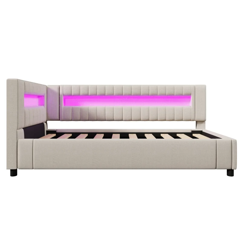 Letto singolo 90x200 cm in lino beige con contenitore idraulico; luci LED e prese USB-C