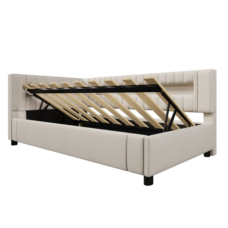 Letto singolo 90x200 cm in lino beige con contenitore idraulico; luci LED e prese USB-C