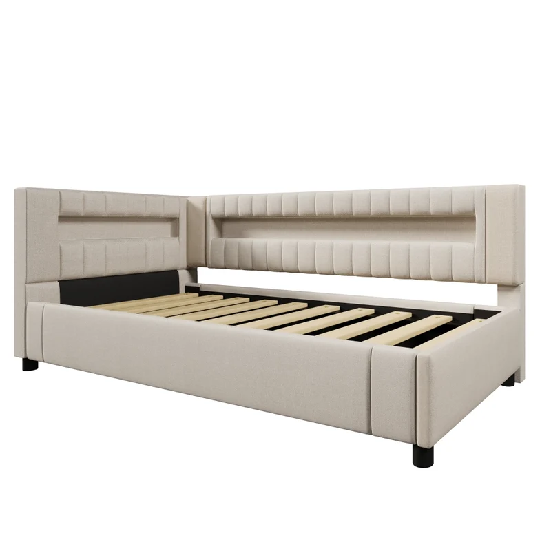 Letto singolo 90x200 cm in lino beige con contenitore idraulico; luci LED e prese USB-C