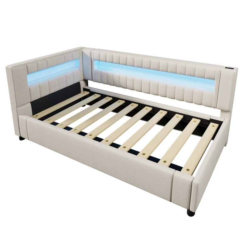 Letto singolo 90x200 cm in lino beige con contenitore idraulico; luci LED e prese USB-C
