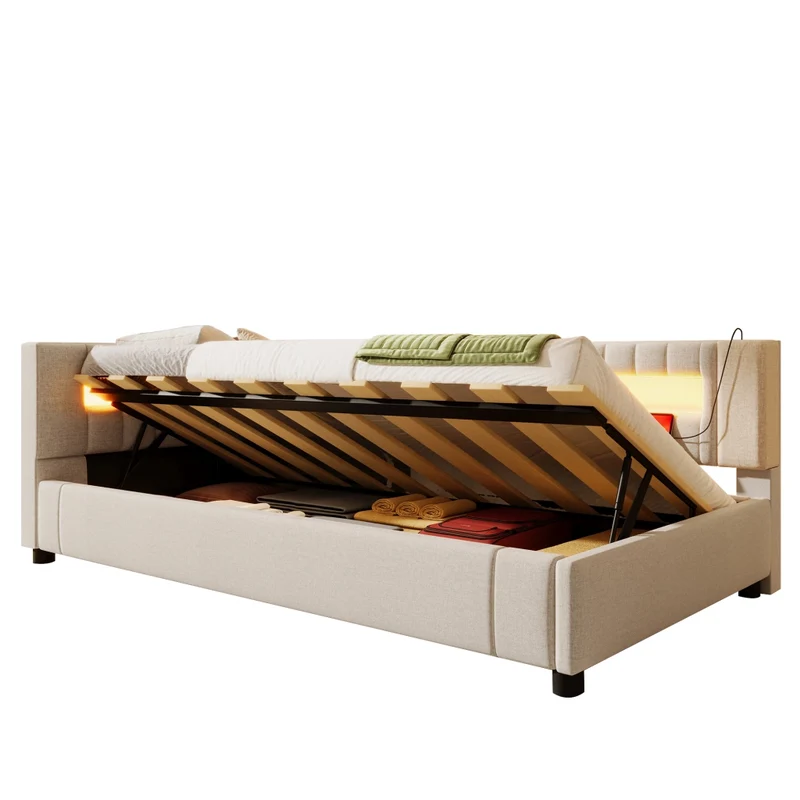 Letto singolo 90x200 cm in lino beige con contenitore idraulico; luci LED e prese USB-C