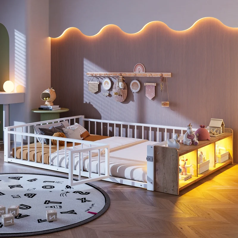 Letto per bambini 140x200 cm in metallo e MDF con sponde di sicurezza; contenitore aperto e LED; bianco