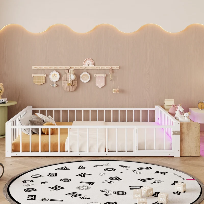 Letto per bambini 140x200 cm in metallo e MDF con sponde di sicurezza; contenitore aperto e LED; bianco