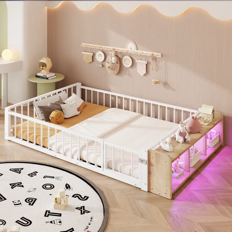Letto per bambini 140x200 cm in metallo e MDF con sponde di sicurezza; contenitore aperto e LED; bianco