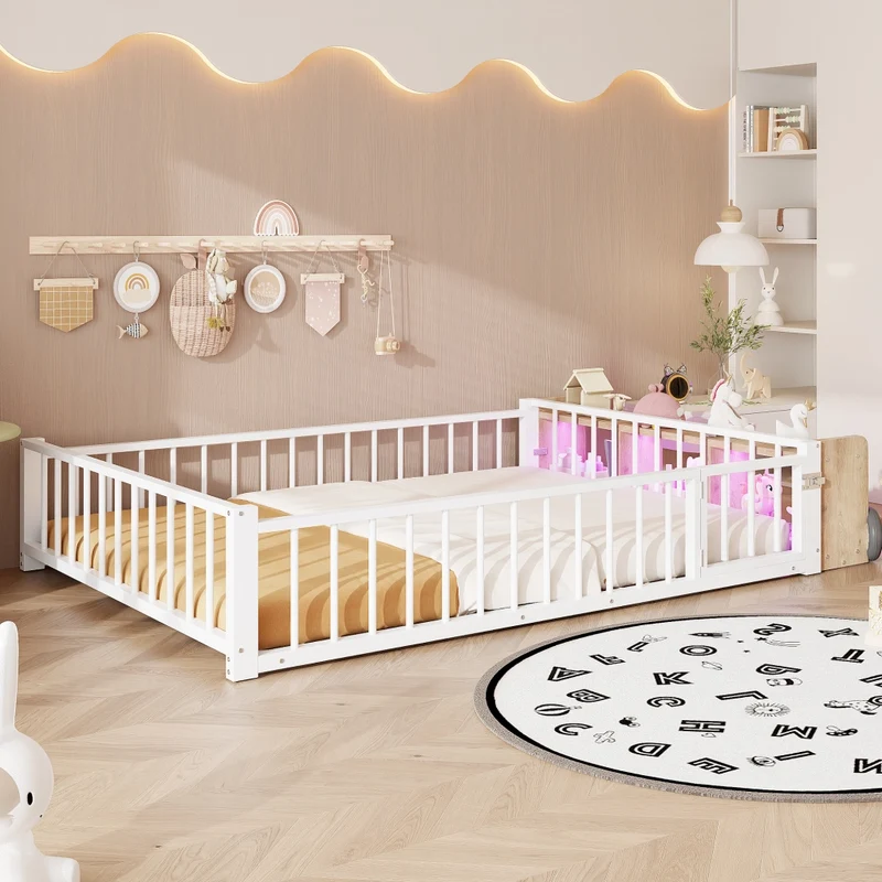Letto per bambini 140x200 cm in metallo e MDF con sponde di sicurezza; contenitore aperto e LED; bianco