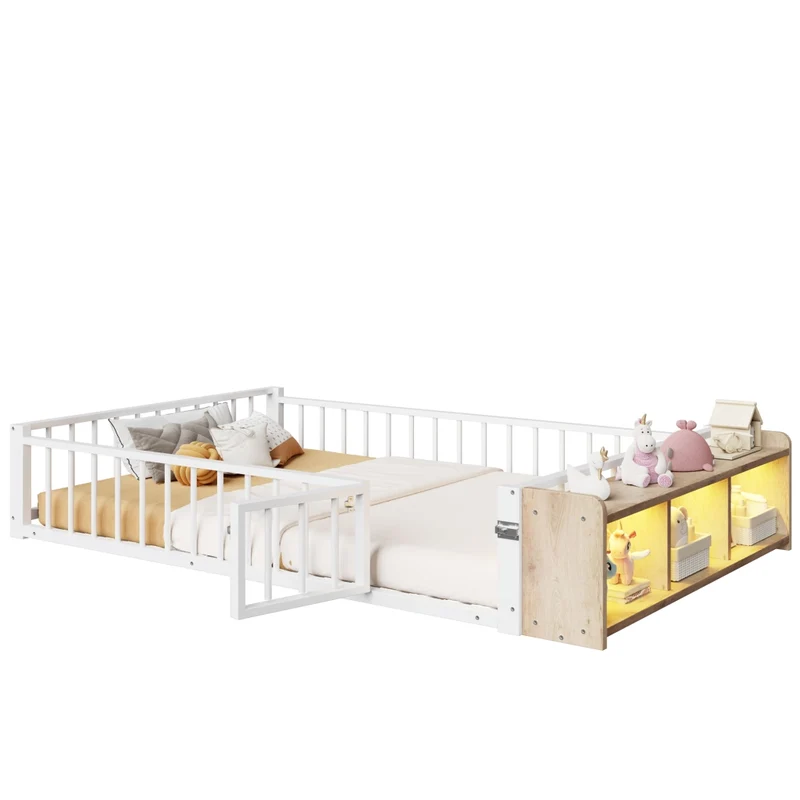 Letto per bambini 140x200 cm in metallo e MDF con sponde di sicurezza; contenitore aperto e LED; bianco