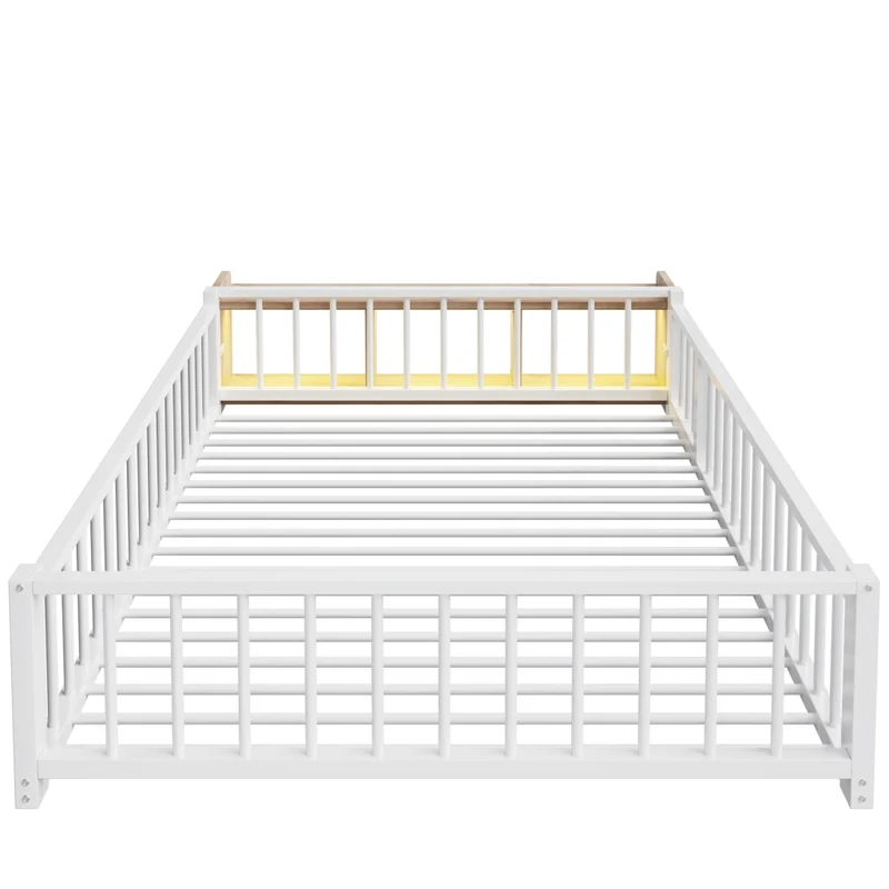 Letto per bambini 140x200 cm in metallo e MDF con sponde di sicurezza; contenitore aperto e LED; bianco