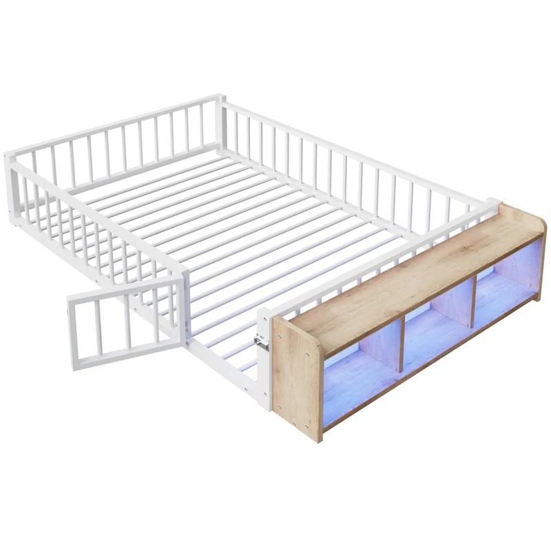 Letto per bambini 140x200 cm in metallo e MDF con sponde di sicurezza; contenitore aperto e LED; bianco