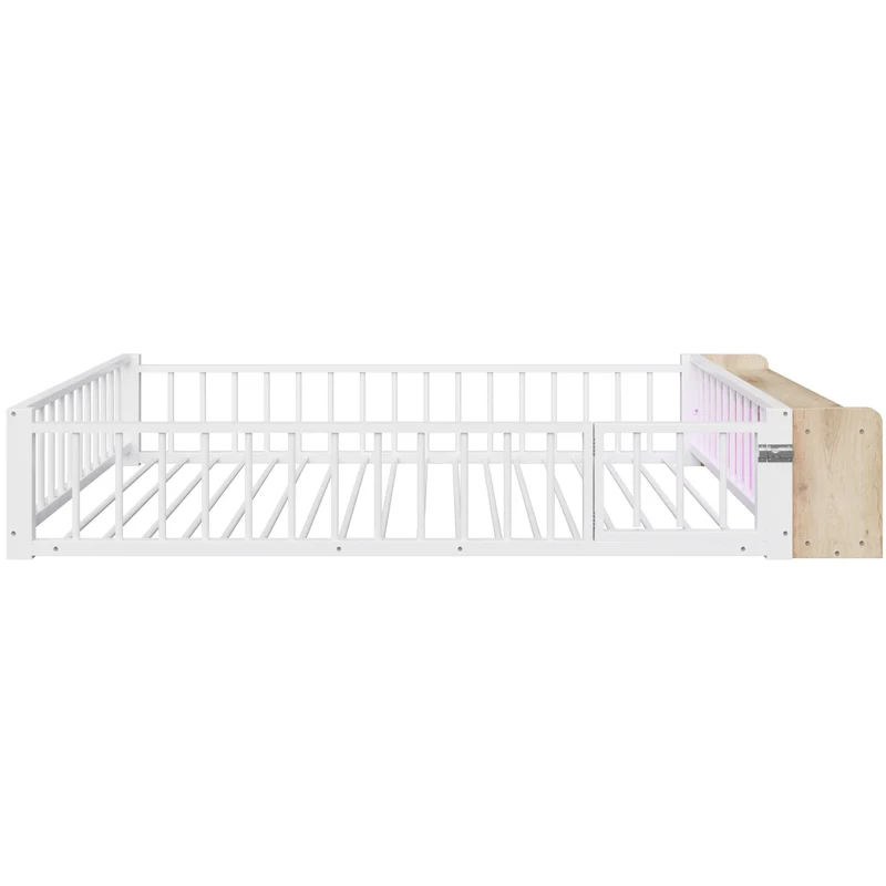 Letto per bambini 140x200 cm in metallo e MDF con sponde di sicurezza; contenitore aperto e LED; bianco