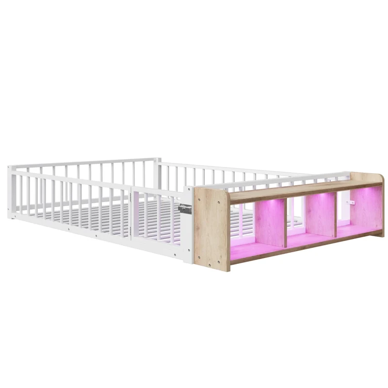 Letto per bambini 140x200 cm in metallo e MDF con sponde di sicurezza; contenitore aperto e LED; bianco