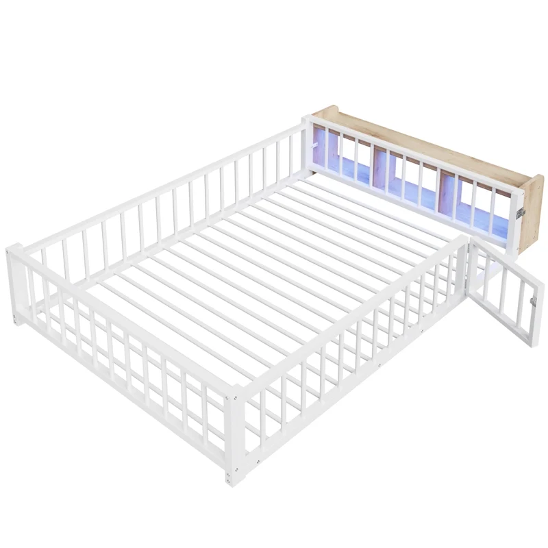 Letto per bambini 140x200 cm in metallo e MDF con sponde di sicurezza; contenitore aperto e LED; bianco