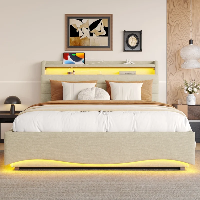 Letto imbottito 140x200 cm in lino beige con contenitore idraulico e illuminazione LED