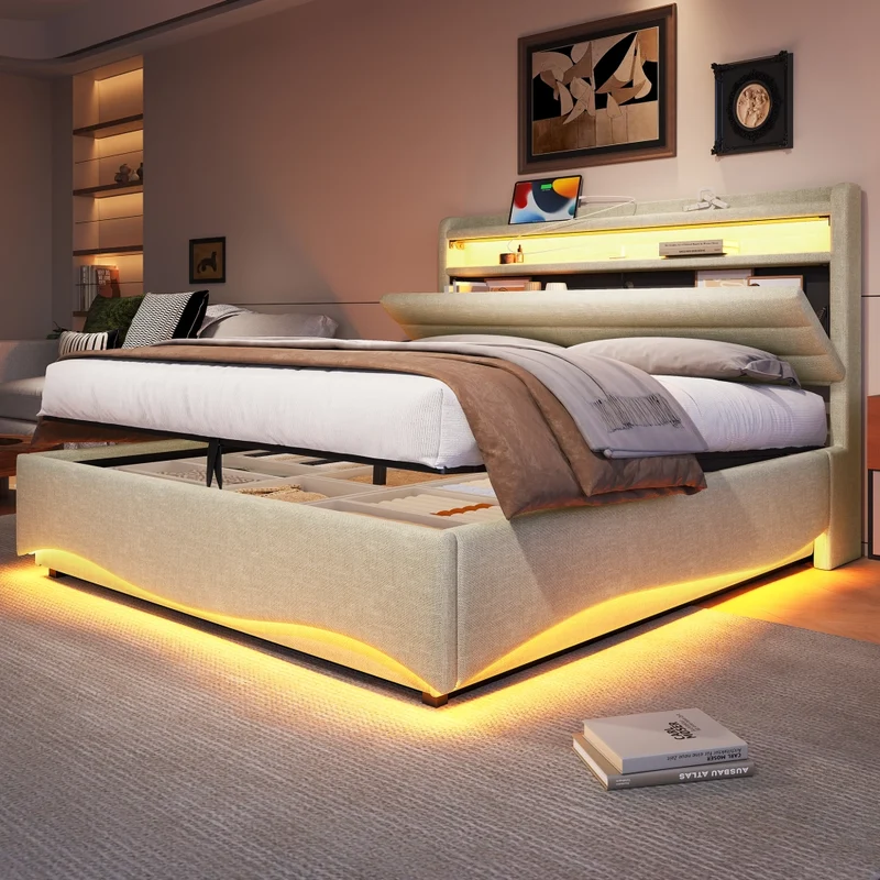 Letto imbottito 140x200 cm in lino beige con contenitore idraulico e illuminazione LED