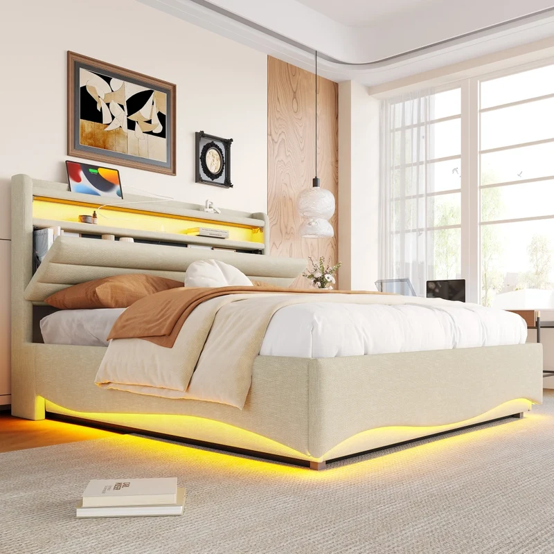 Letto imbottito 140x200 cm in lino beige con contenitore idraulico e illuminazione LED
