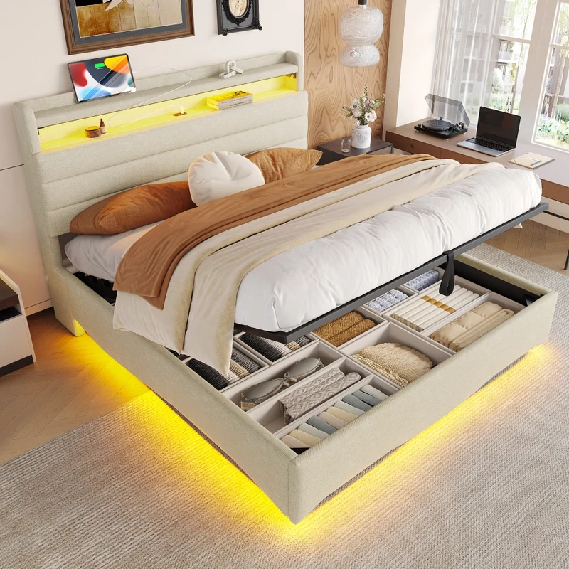 Letto imbottito 140x200 cm in lino beige con contenitore idraulico e illuminazione LED