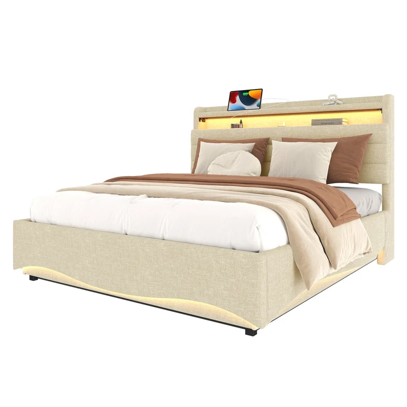 Letto imbottito 140x200 cm in lino beige con contenitore idraulico e illuminazione LED