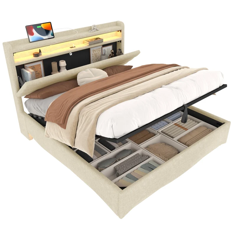 Letto imbottito 140x200 cm in lino beige con contenitore idraulico e illuminazione LED