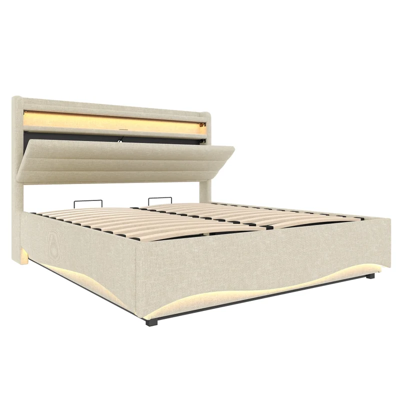 Letto imbottito 140x200 cm in lino beige con contenitore idraulico e illuminazione LED