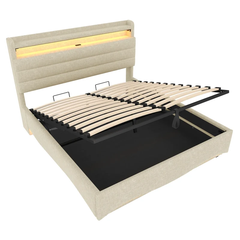 Letto imbottito 140x200 cm in lino beige con contenitore idraulico e illuminazione LED