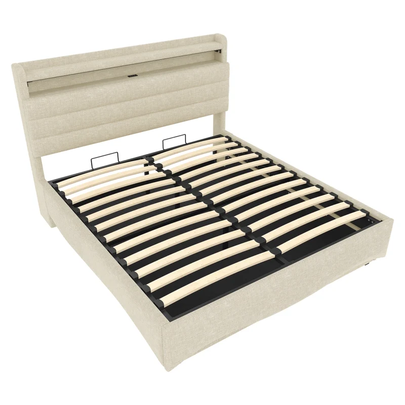 Letto imbottito 140x200 cm in lino beige con contenitore idraulico e illuminazione LED