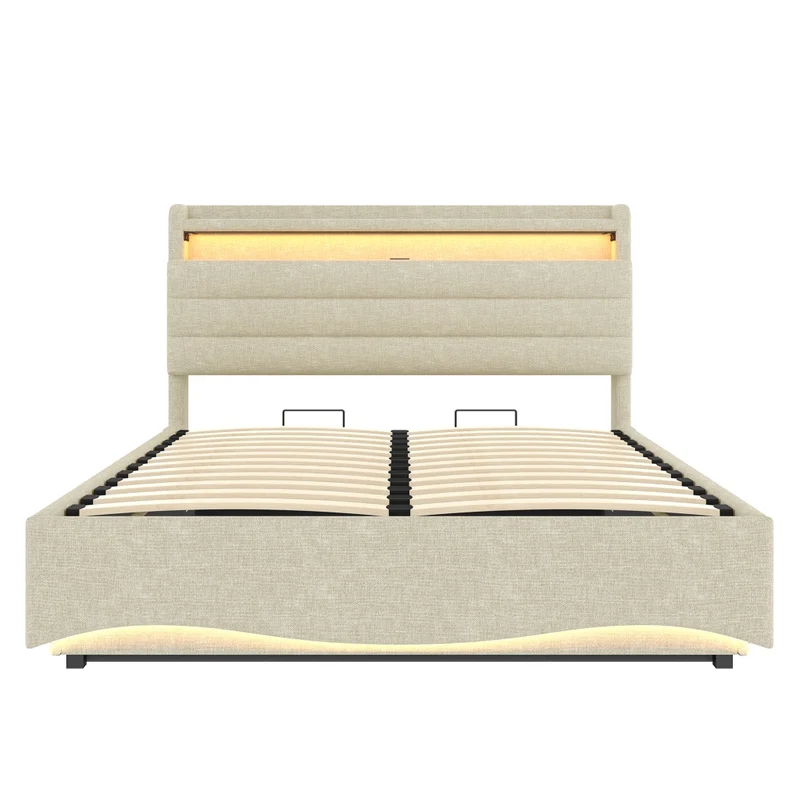 Letto imbottito 140x200 cm in lino beige con contenitore idraulico e illuminazione LED
