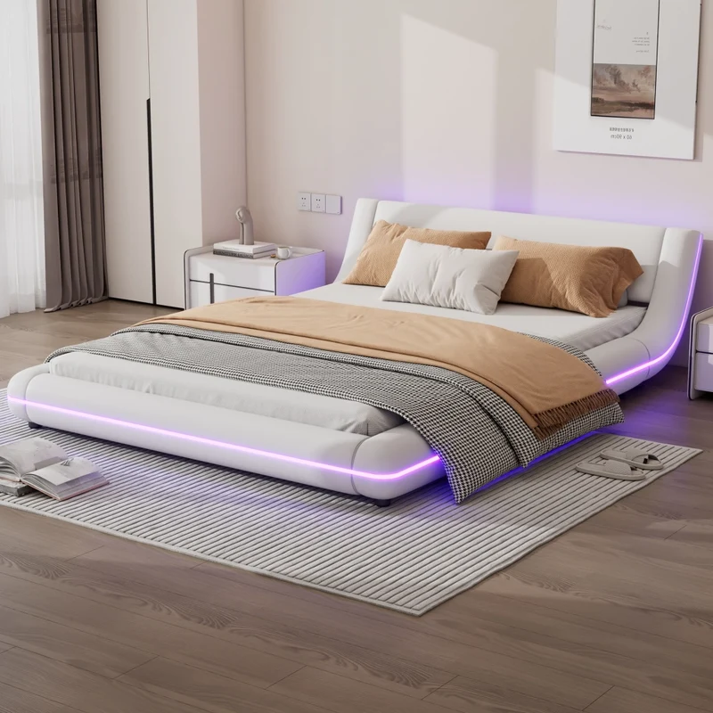 Letto basso 140x200 cm in PU bianco con luci LED colorate
