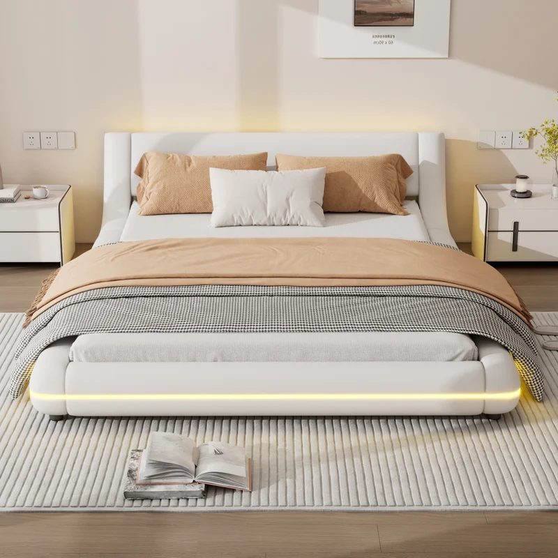 Letto basso 140x200 cm in PU bianco con luci LED colorate