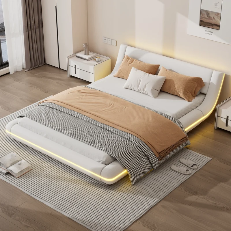Letto basso 140x200 cm in PU bianco con luci LED colorate