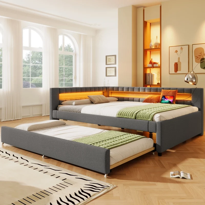 Letto estraibile imbottito in lino grigio 140x200 cm con LED e USB-C
