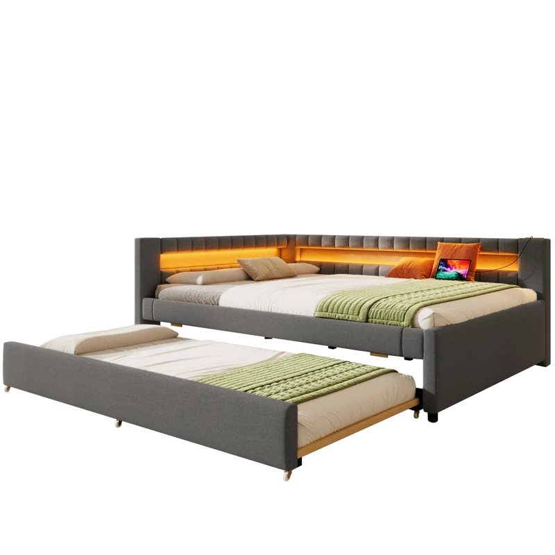 Letto estraibile imbottito in lino grigio 140x200 cm con LED e USB-C