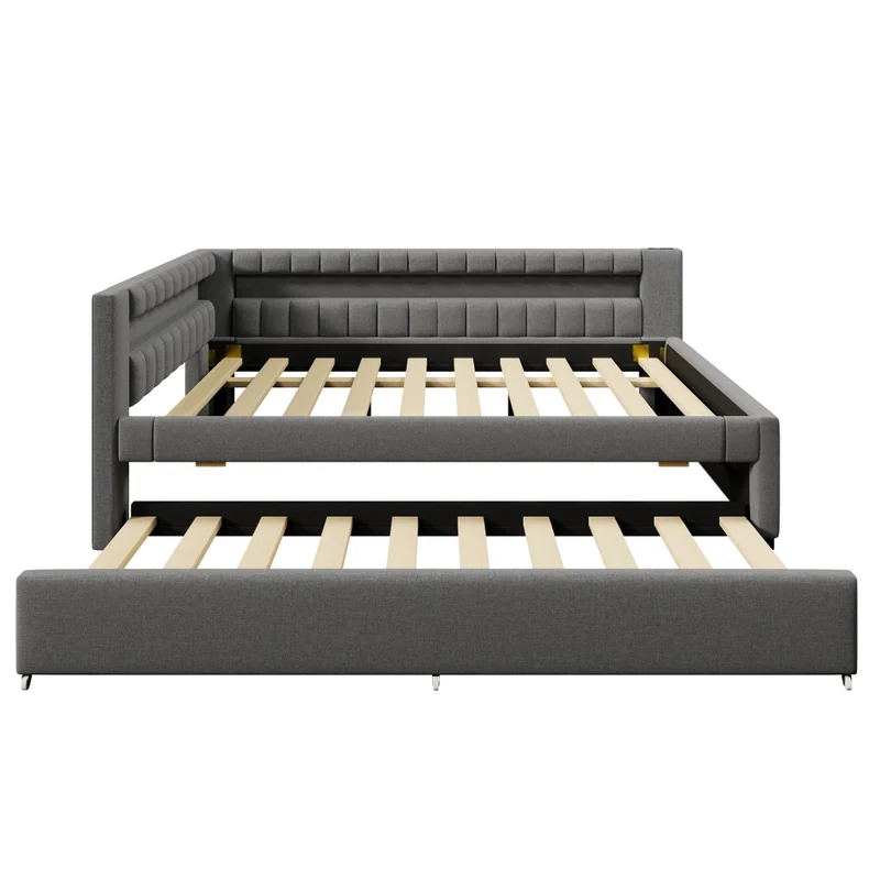 Letto estraibile imbottito in lino grigio 140x200 cm con LED e USB-C