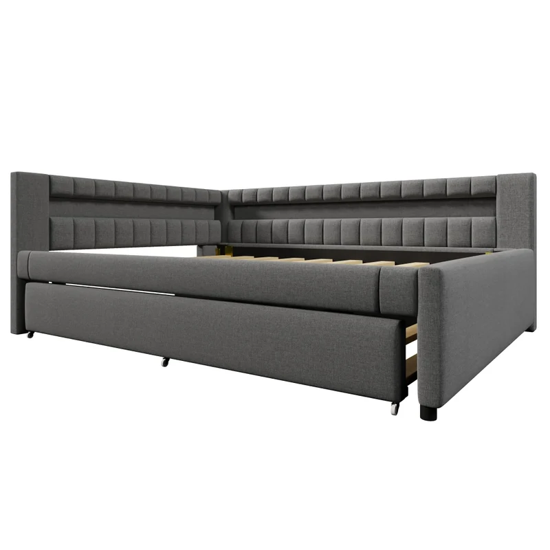 Letto estraibile imbottito in lino grigio 140x200 cm con LED e USB-C