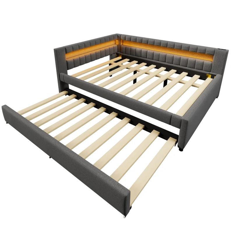 Letto estraibile imbottito in lino grigio 140x200 cm con LED e USB-C