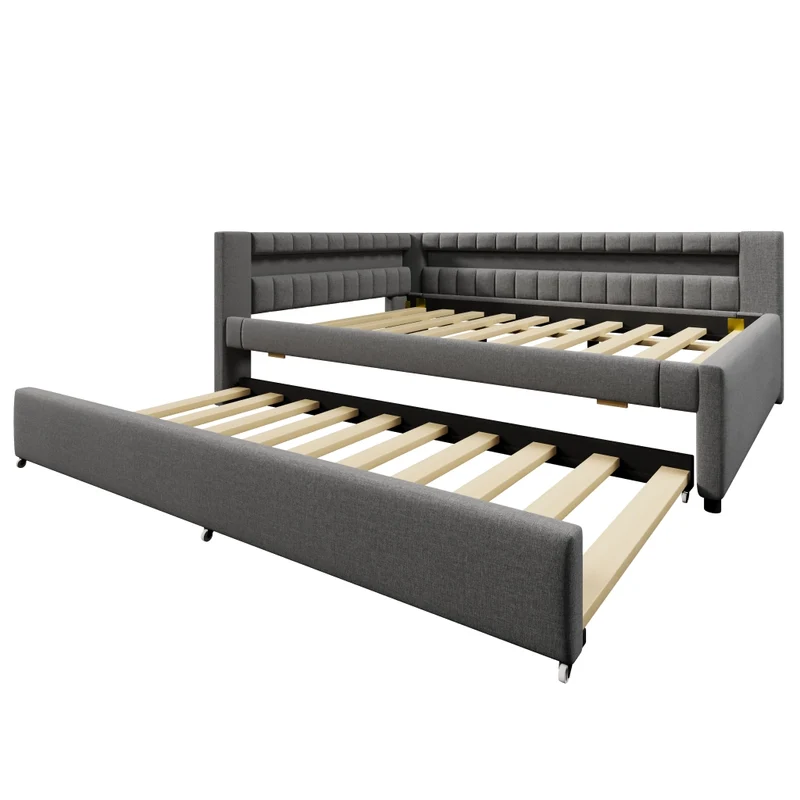 Letto estraibile imbottito in lino grigio 140x200 cm con LED e USB-C