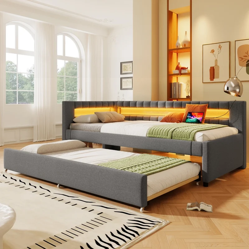 Letto singolo 90x200 cm con letto estraibile 90x190 cm; luce LED e rivestimento grigio