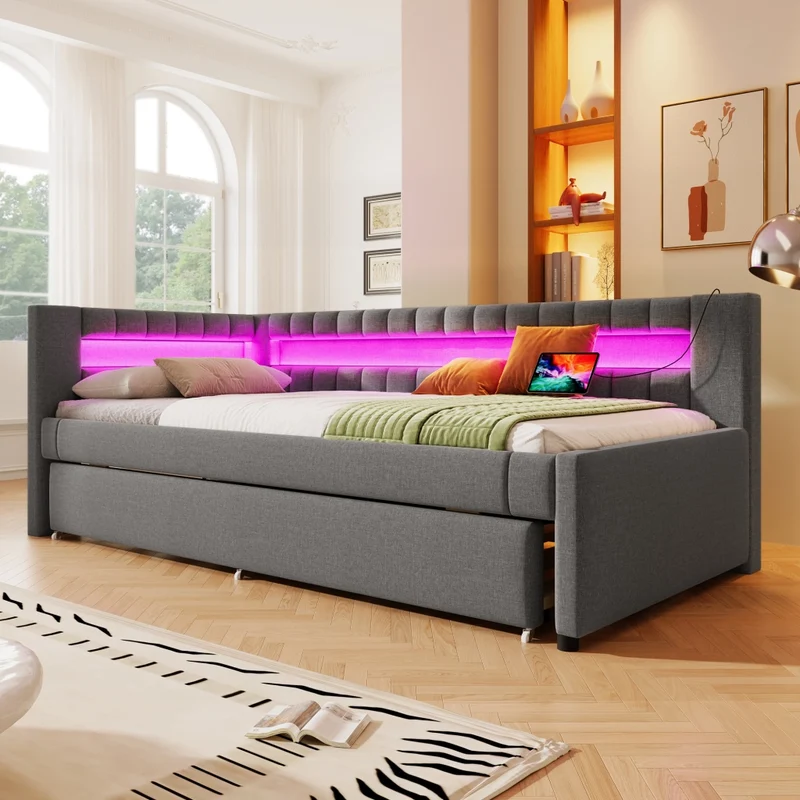 Letto singolo 90x200 cm con letto estraibile 90x190 cm; luce LED e rivestimento grigio