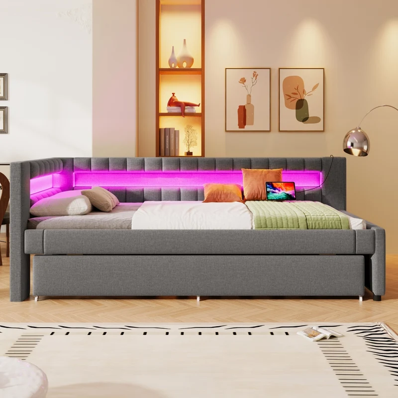 Letto singolo 90x200 cm con letto estraibile 90x190 cm; luce LED e rivestimento grigio