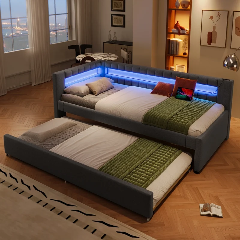 Letto singolo 90x200 cm con letto estraibile 90x190 cm; luce LED e rivestimento grigio