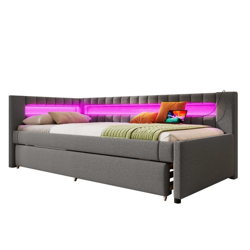Letto singolo 90x200 cm con letto estraibile 90x190 cm; luce LED e rivestimento grigio