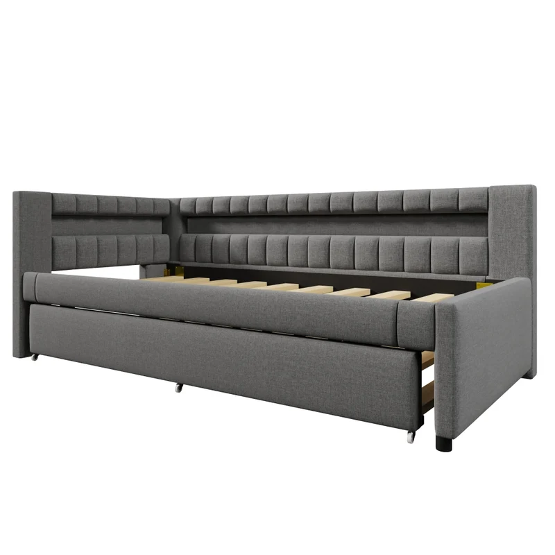 Letto singolo 90x200 cm con letto estraibile 90x190 cm; luce LED e rivestimento grigio