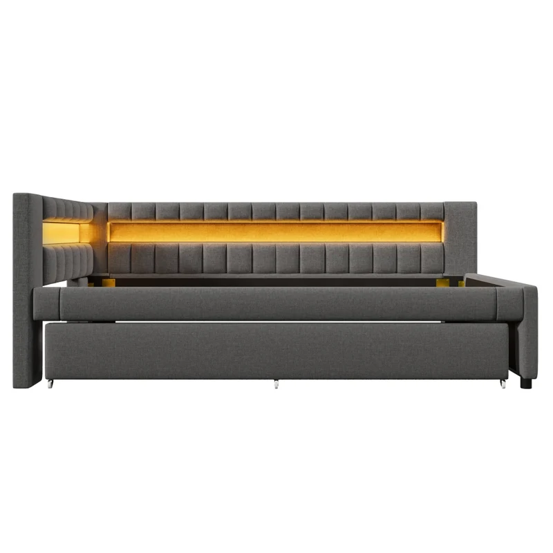 Letto singolo 90x200 cm con letto estraibile 90x190 cm; luce LED e rivestimento grigio