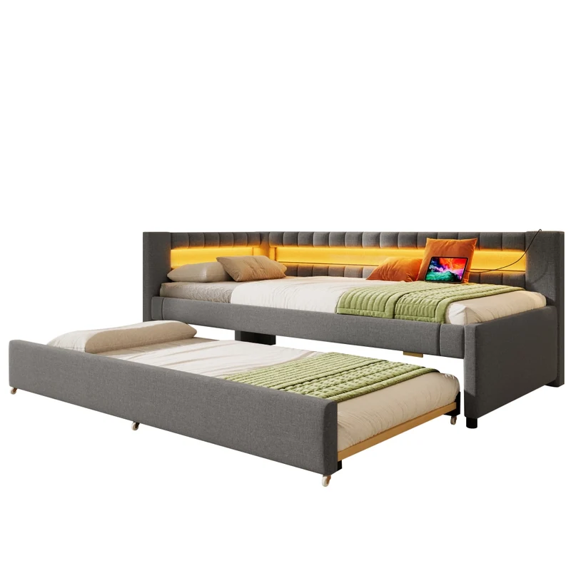 Letto singolo 90x200 cm con letto estraibile 90x190 cm; luce LED e rivestimento grigio